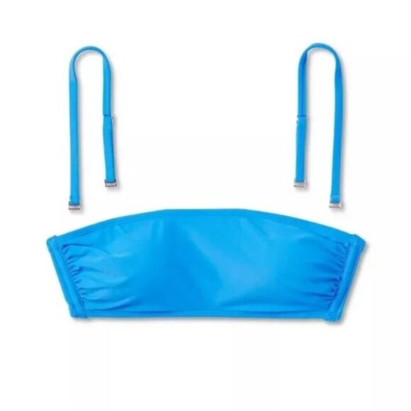 NWT Wild Fable Solid Blue Ruched Sides Bandeau Bikini Swim Top w/ Straps - Picture 1 of 4